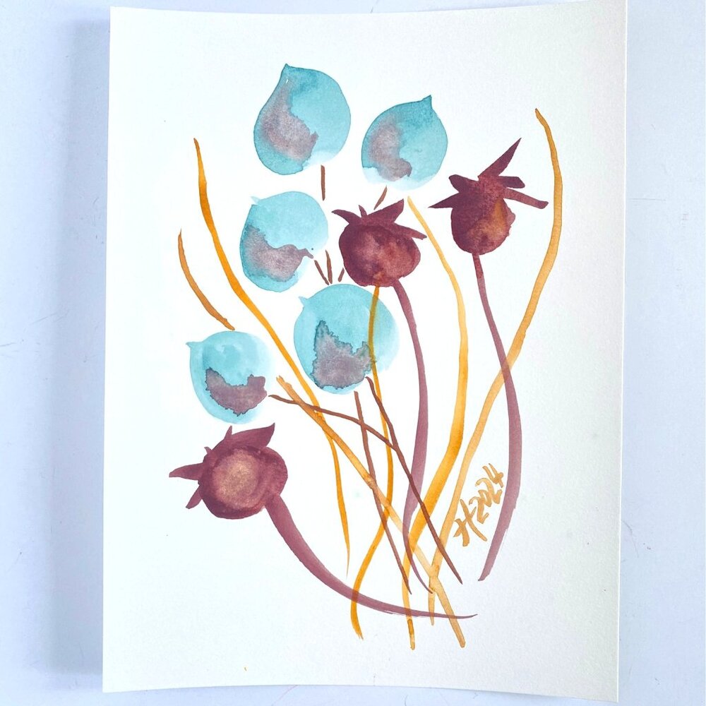Flirty Poppies Plants Original Watercolor Painting Wall Art 11x14in Matted